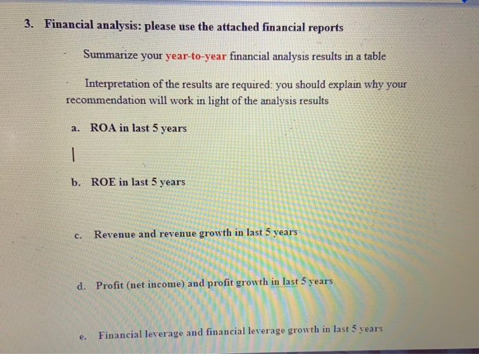  3. Financial analysis: please use the attached financial reports Summarize your