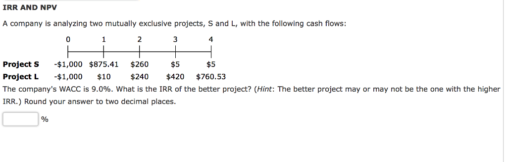  IRR AND NPV A company is analyzing two mutually exclusive projects,