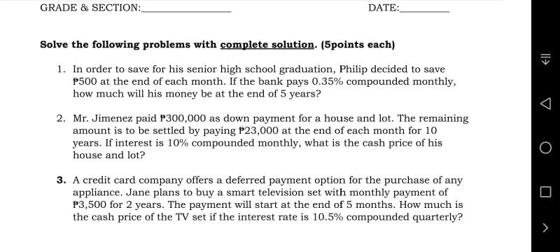 GRADE & SECTION: DATE: Solve the following problems with complete solution.