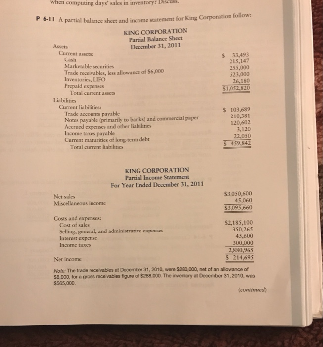  when computing days' sales in inventory! Biscuss. P 6-11 A partial
