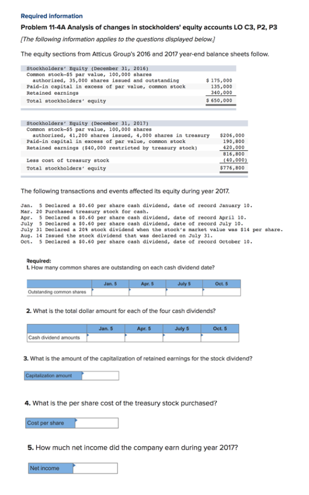  Required information Problem 11-4A Analysis of changes in stockholders' equity accounts