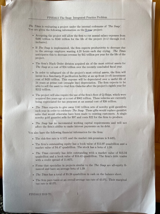  FINS1613 The Snap: Integrated Practice Problem The Titan is evaluating a