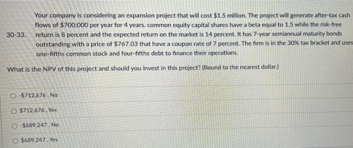 30-33 Your company is considering an expansion project that will cost $1.5