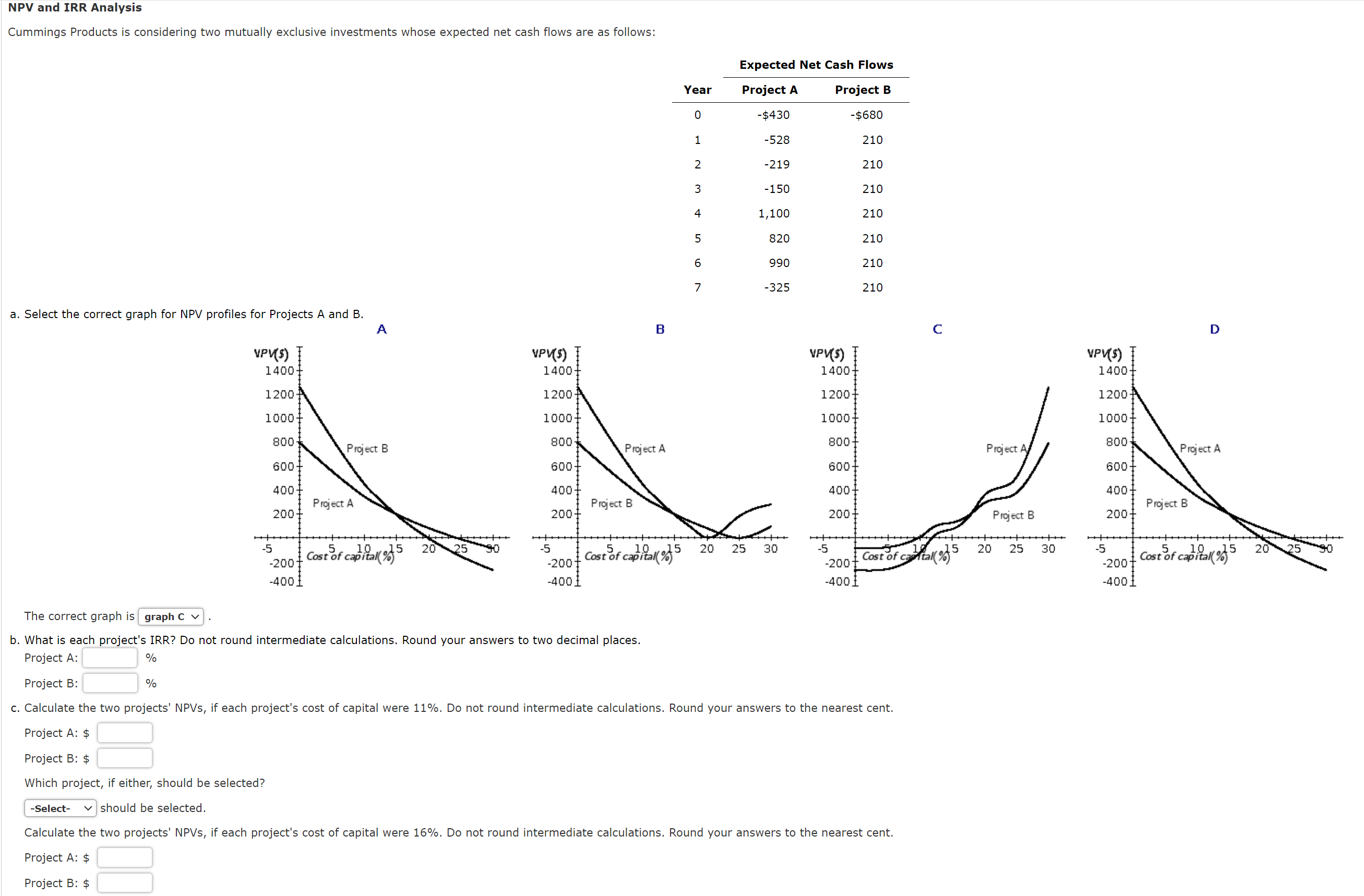  NPV and IRR Analysis Cummings Products is considering two mutually exclusive