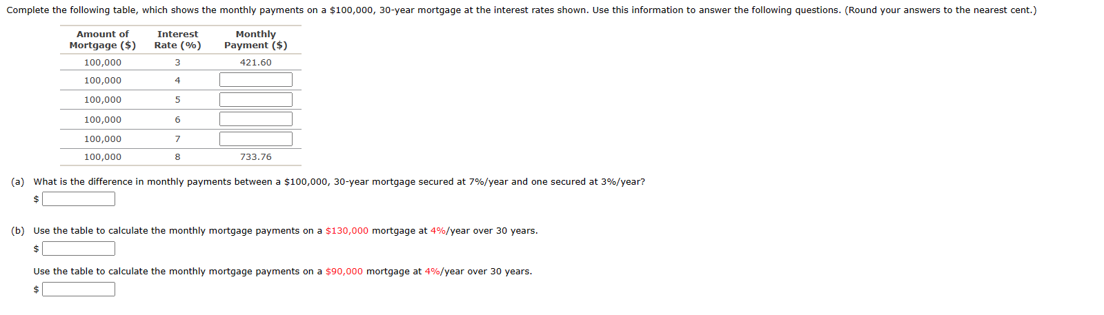  (a) What is the difference in monthly payments between a $100,000,30-year