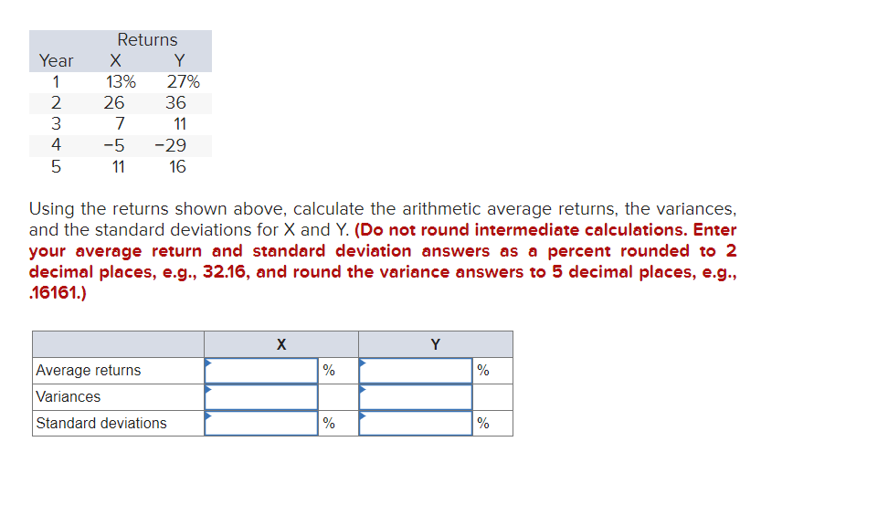  Using the returns shown above, calculate the arithmetic average returns, the
