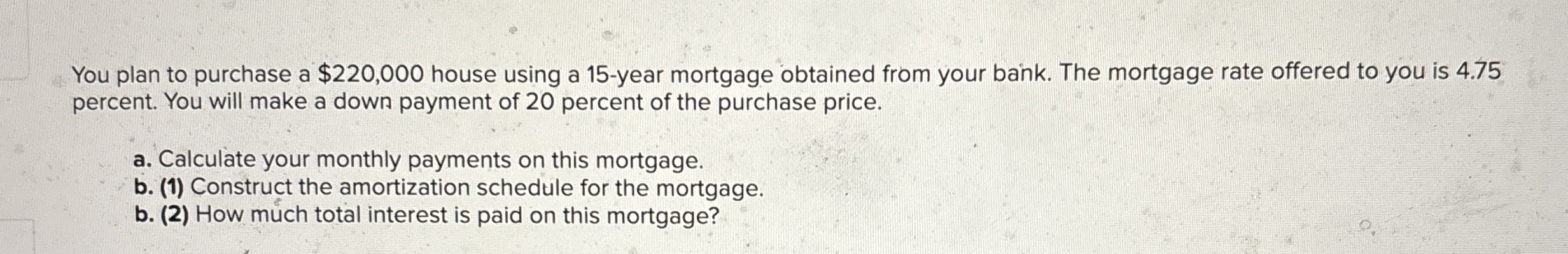  You plan to purchase a $220,000 house using a 15-year mortgage