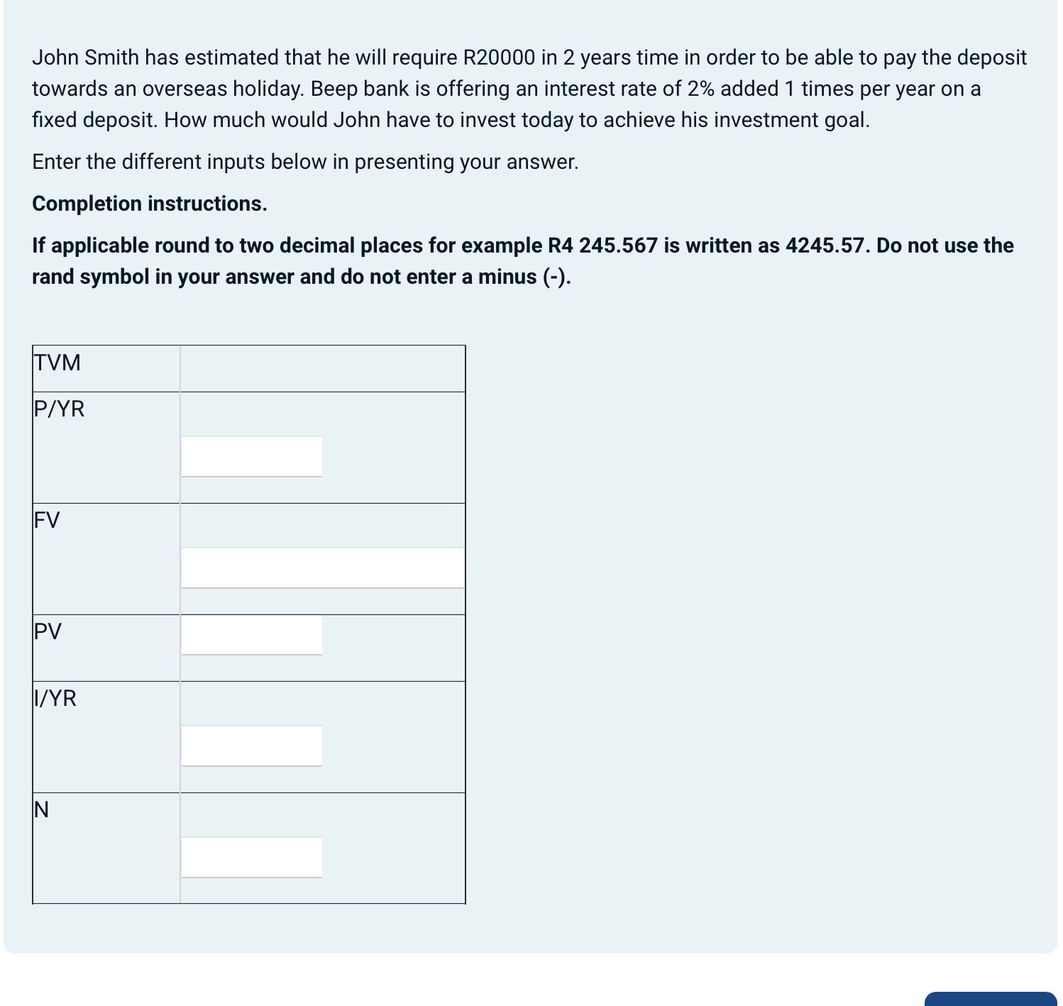  John Smith has estimated that he will require R20000 in 2