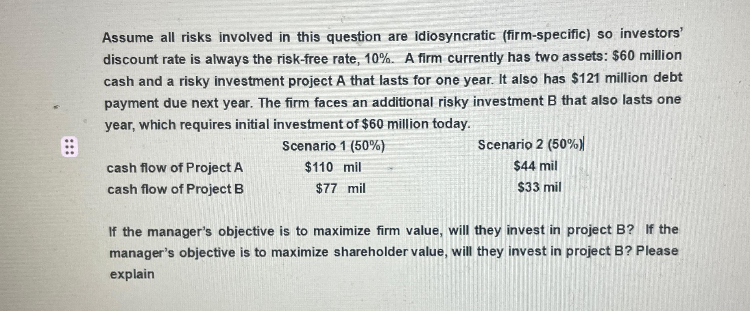  Assume all risks involved in this question are idiosyncratic (firm-specific) so