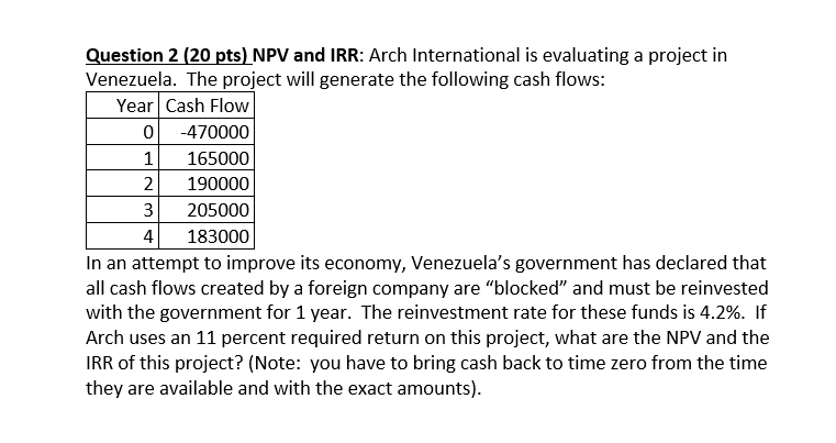  Question 2(20 pts) NPV and IRR: Arch International is evaluating a