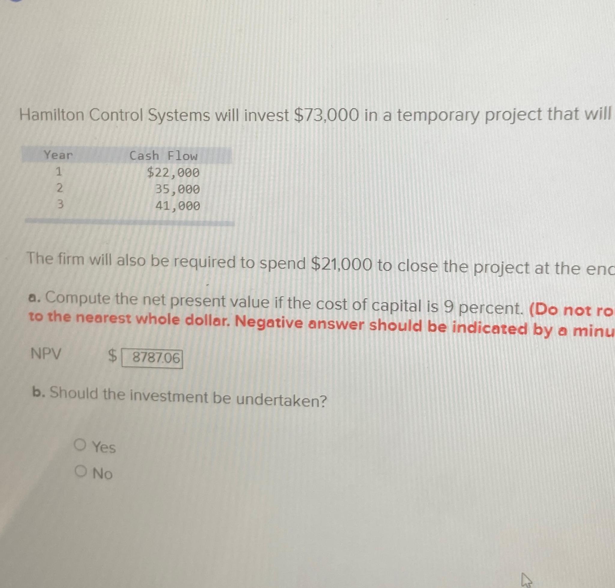  Hamilton Control Systems will invest $73,000 in a temporary project that