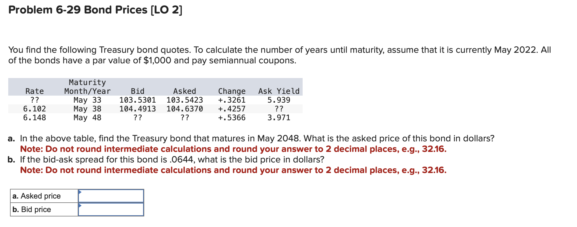  Problem 6-29 Bond Prices [LO 2] You find the following Treasury