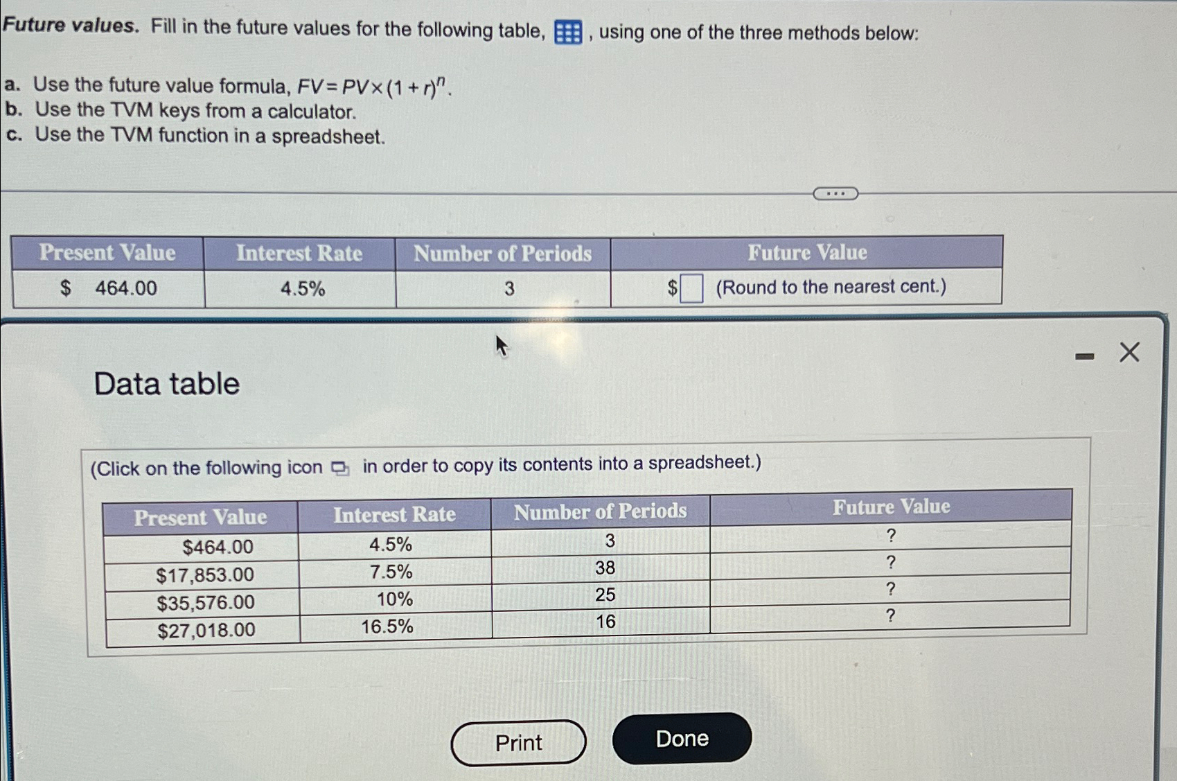  Future values. Fill in the future values for the following table,