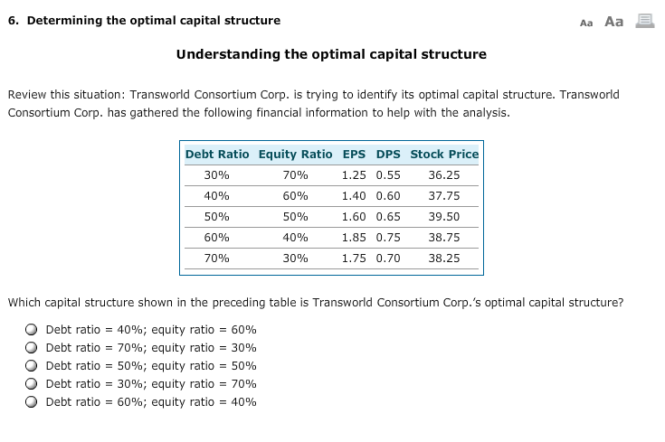  Aa Aa E. 6. Determining the optimal capital structure Understanding the