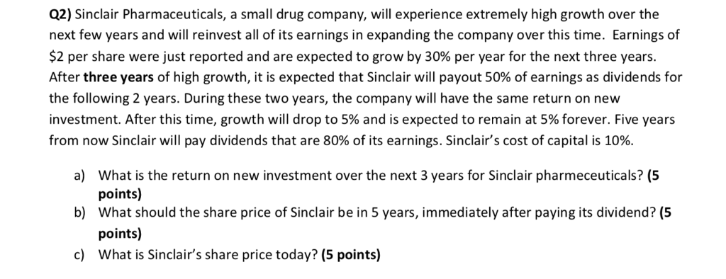 Q2) Sinclair Pharmaceuticals, a small drug company, will experience extremely high