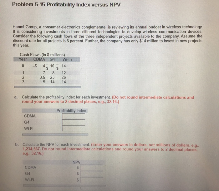 Problem 5-15 Profitability Index versus NPV Hanmi Group, a consumer electronics