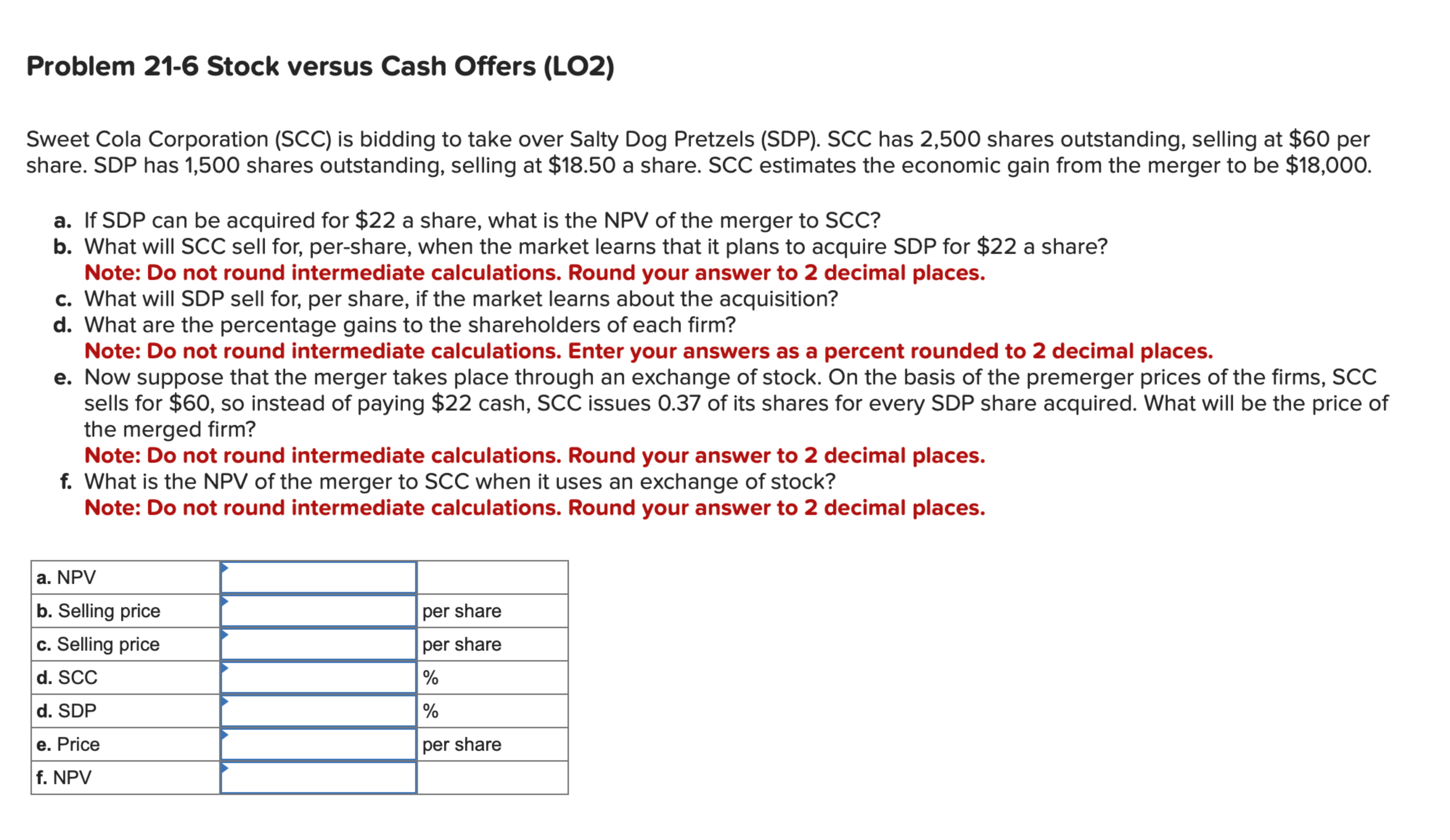  Problem 21-6 Stock versus Cash Offers (LO2) Sweet Cola Corporation (SCC)