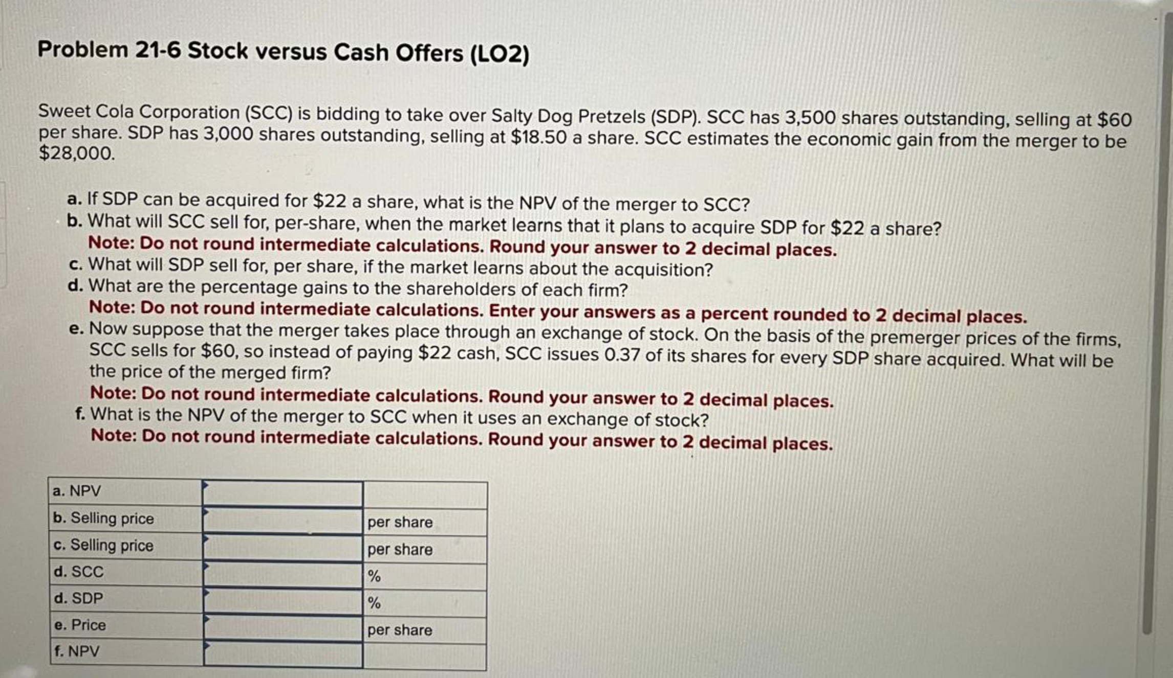  Problem 21-6 Stock versus Cash Offers (LO2) Sweet Cola Corporation (SCC)
