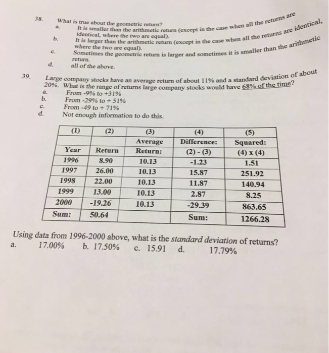  What is true about the geometric return? a. It is smaller