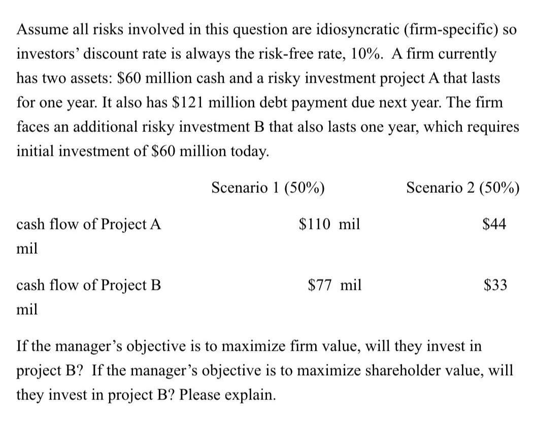  Assume all risks involved in this question are idiosyncratic (firm-specific) so