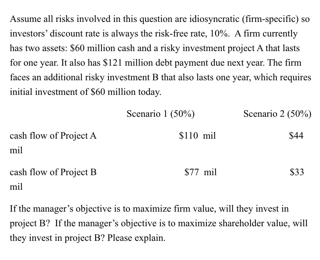 Assume all risks involved in this question are idiosyncratic (firm-specific) so