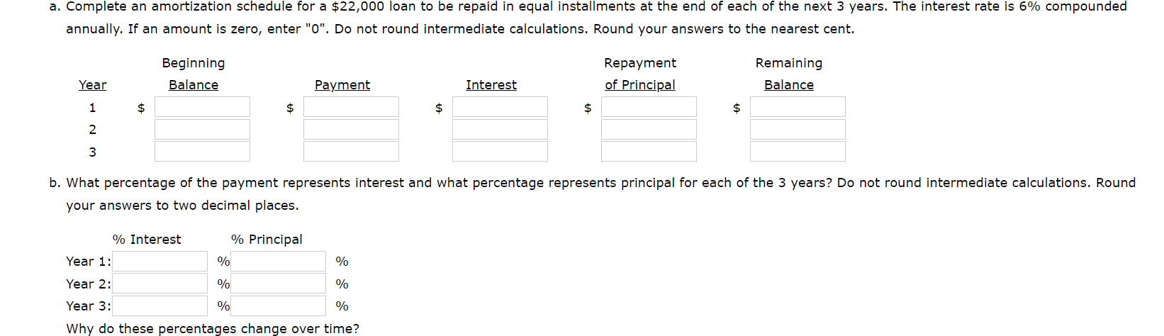  Complete an amortization schedule for a $22,000 loan to be repaid