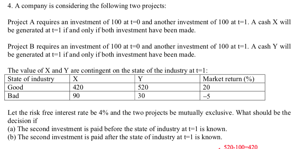  4. A company is considering the following two projects: Project A