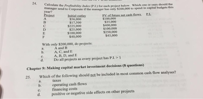  Calculate the probability Index (P. I.) for each project below. Which