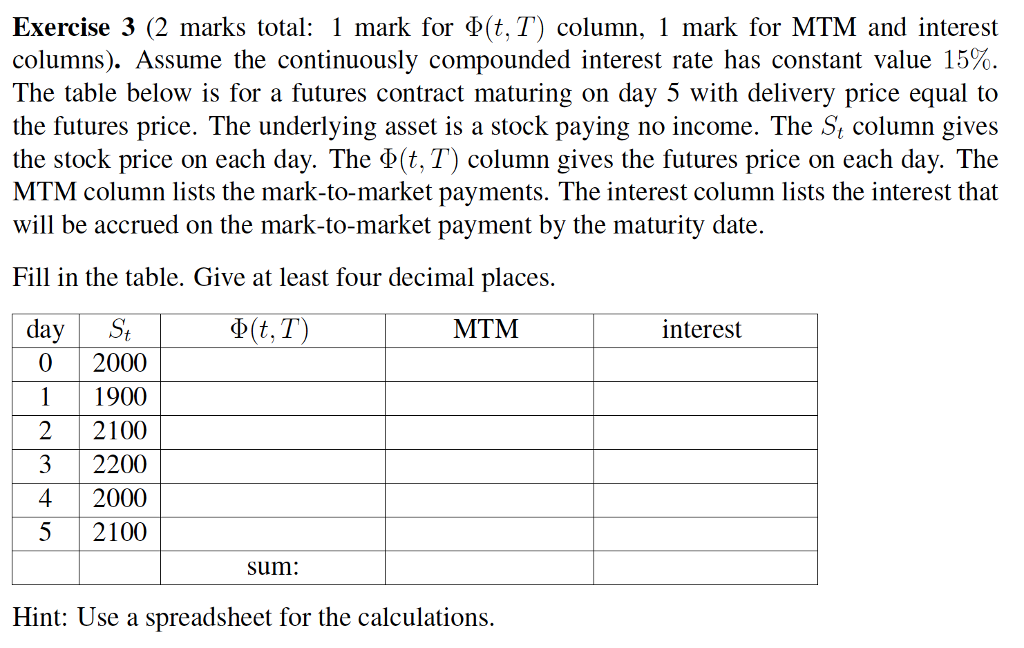 Quantitative Finance Exercise 3 (2 marks total. I mark for (t,