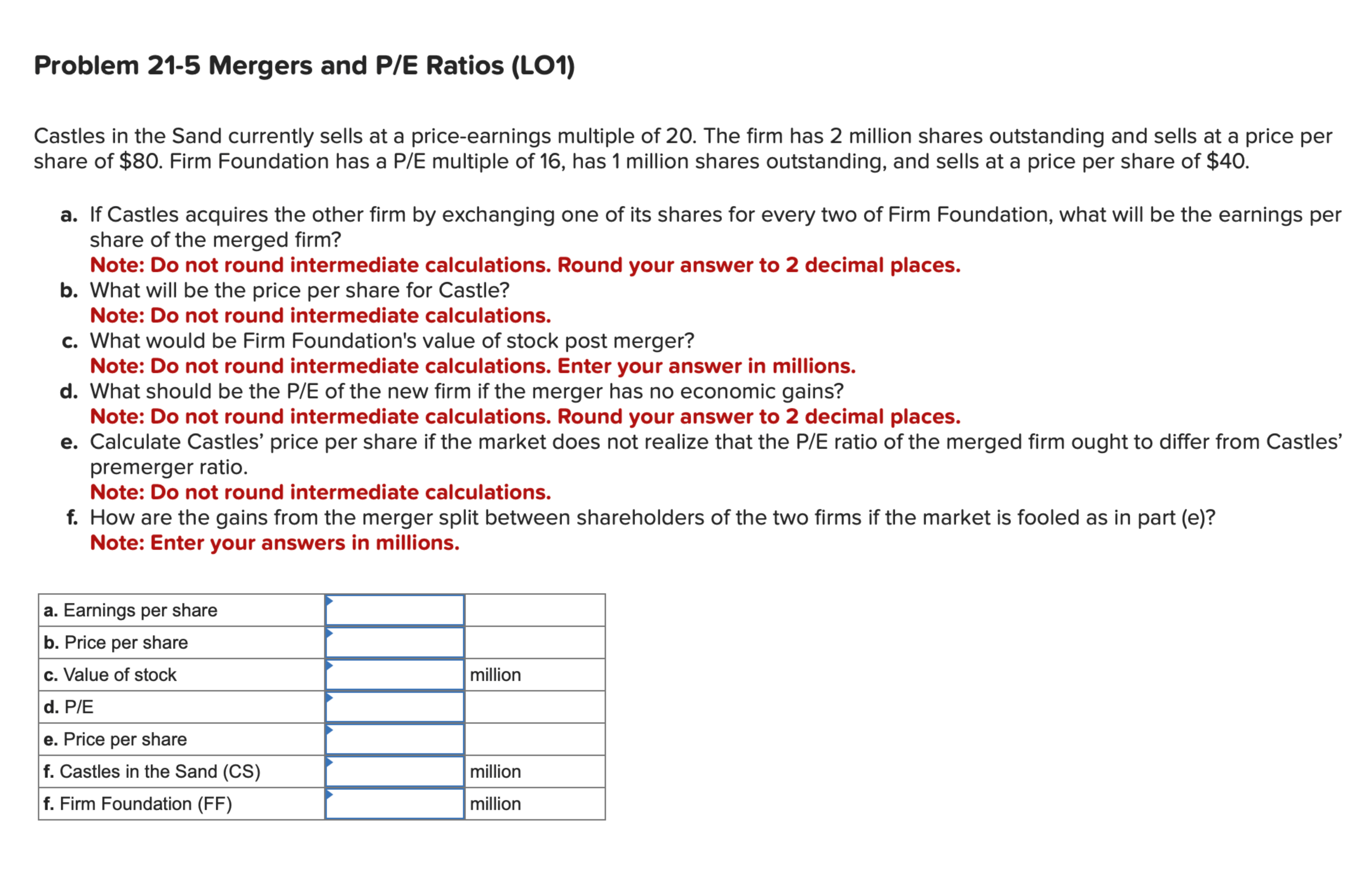  Problem 21-5 Mergers and P/E Ratios (LO1) Castles in the Sand