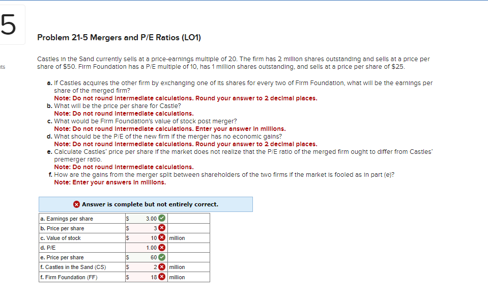  Problem 21-5 Mergers and P/E Ratios (LO1) Castles In the Sand