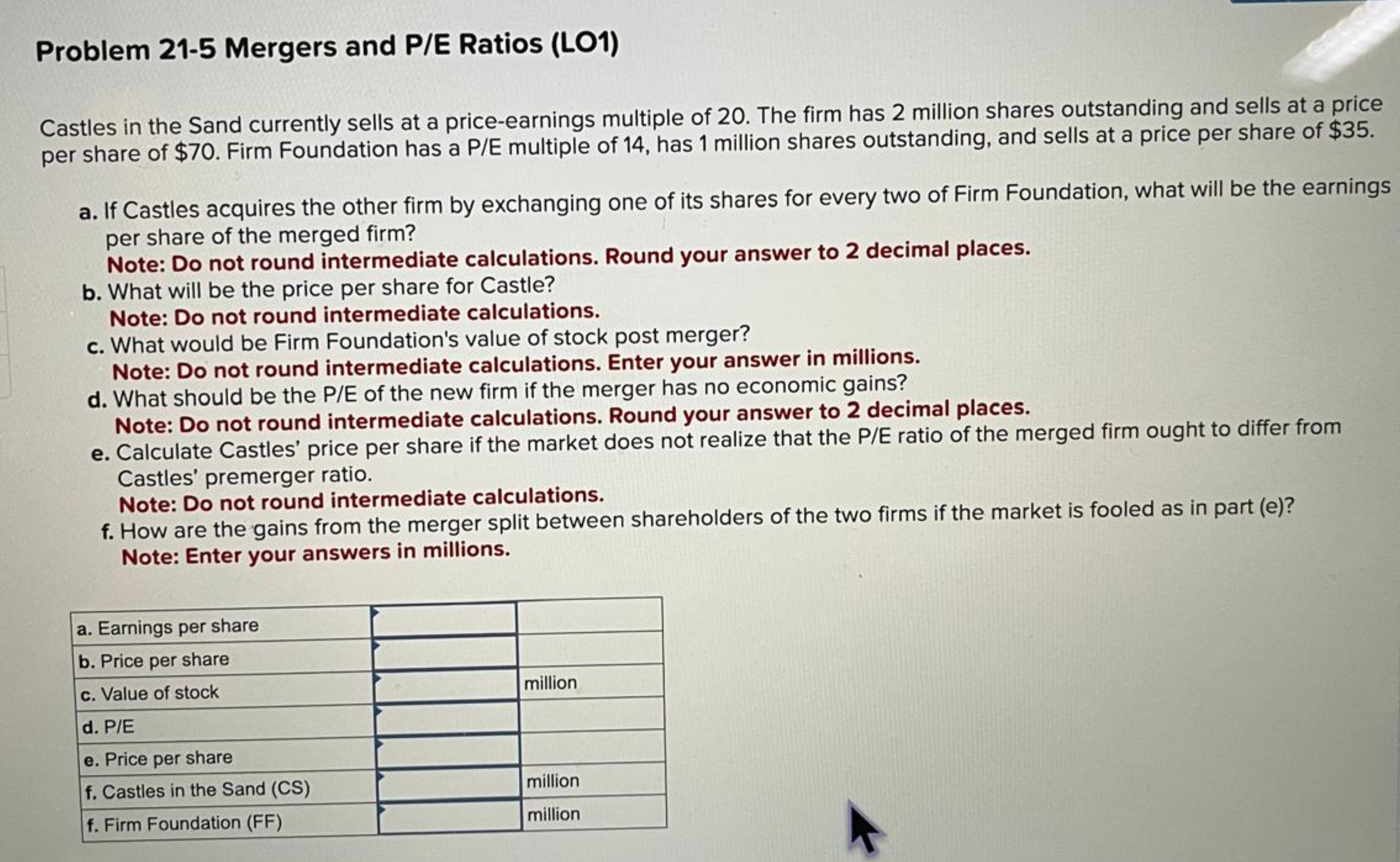  Problem 21-5 Mergers and P/E Ratios (LO1) Castles in the Sand