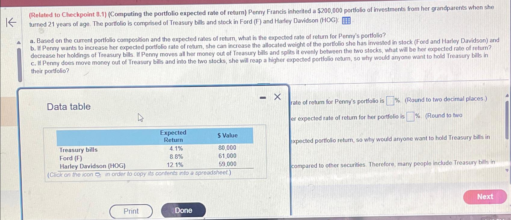  (Related to Checkpoint 8.1)(Computing the portfolio expected rate of return) Penny