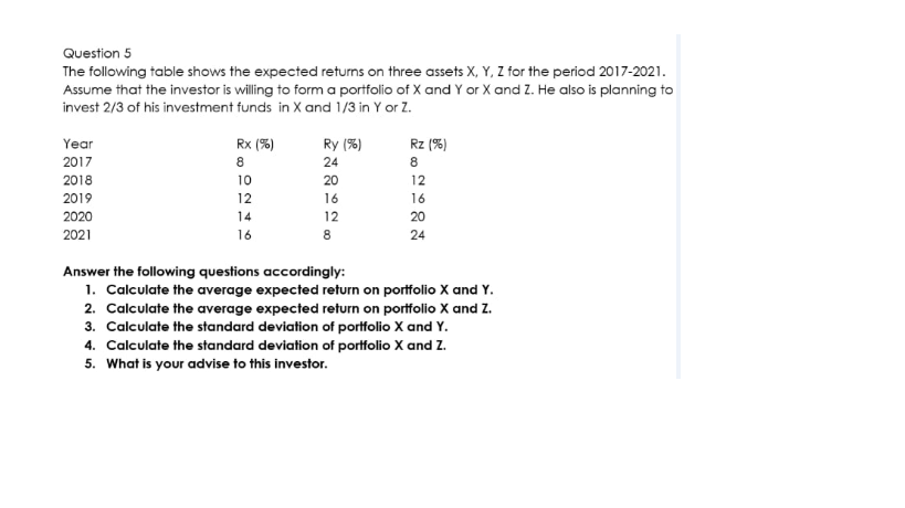 Question 5 The following table shows the expected returns on three