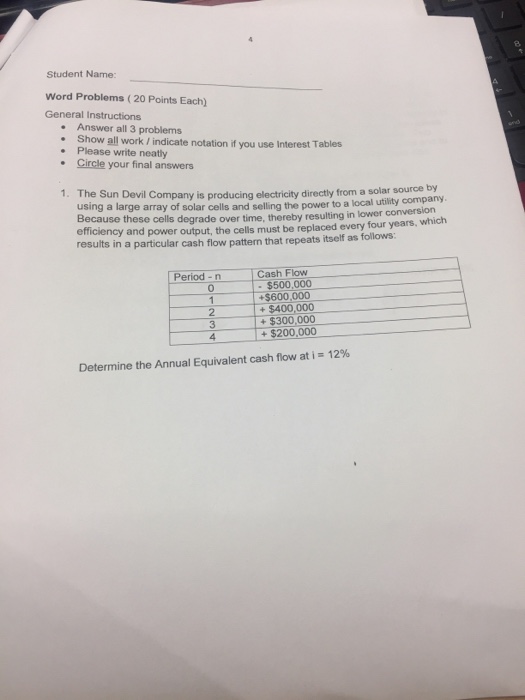  Student Name: Word Problems (20 Points Each) General Instructions .Answer all