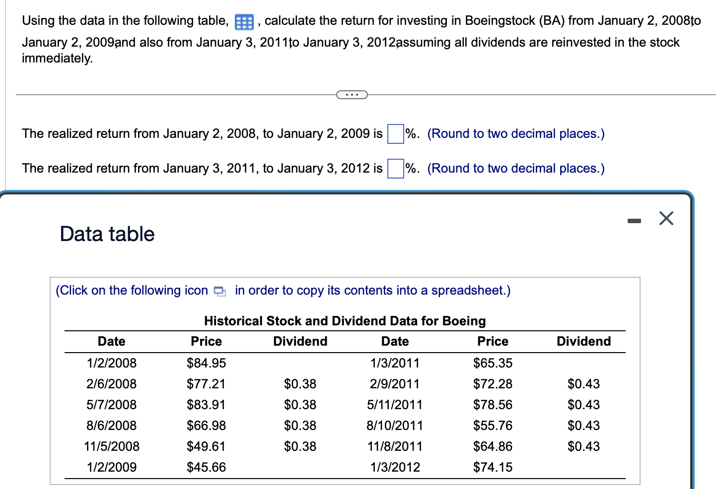  Using the data in the following table, , calculate the return