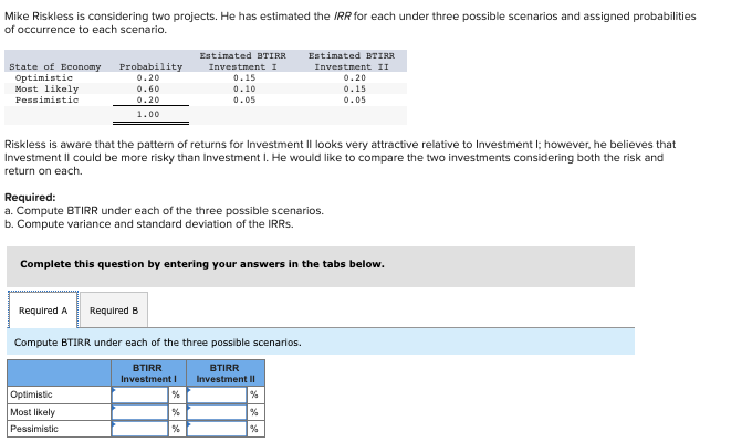  Please help with both parts Mike Riskless is considering two projects.
