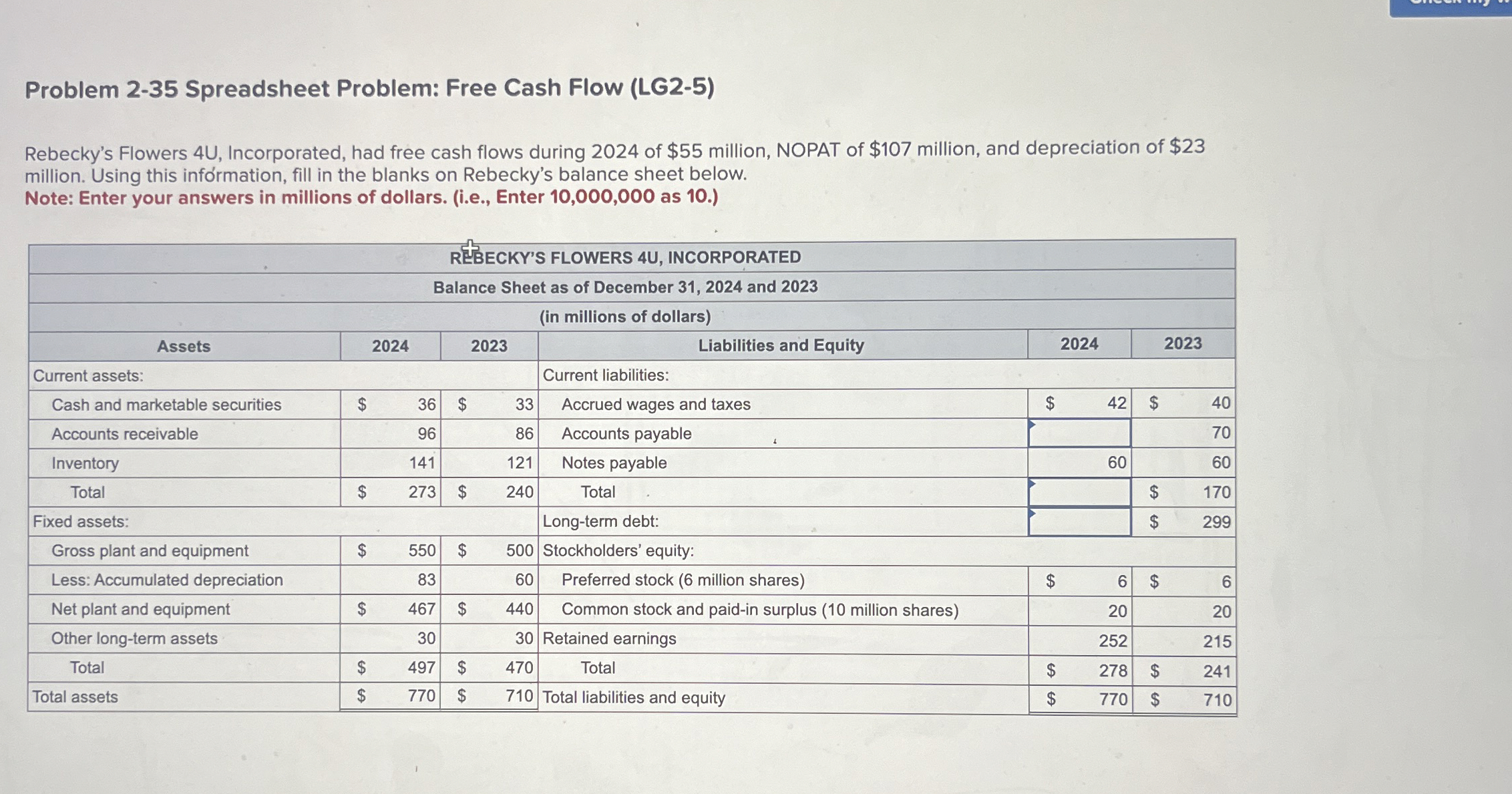  Problem 2-35 Spreadsheet Problem: Free Cash Flow (LG2-5) Rebecky's Flowers 4U,