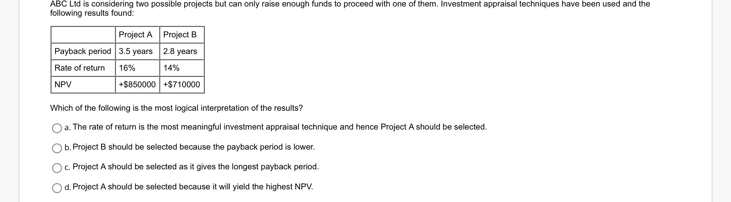  ABC Ltd is considering two possible projects but can only raise