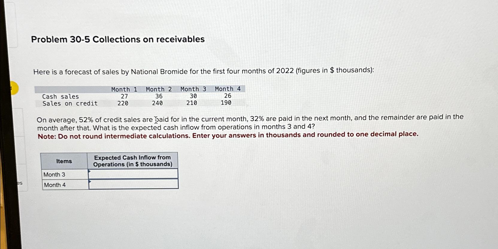  Problem 30-5 Collections on receivables Here is a forecast of sales