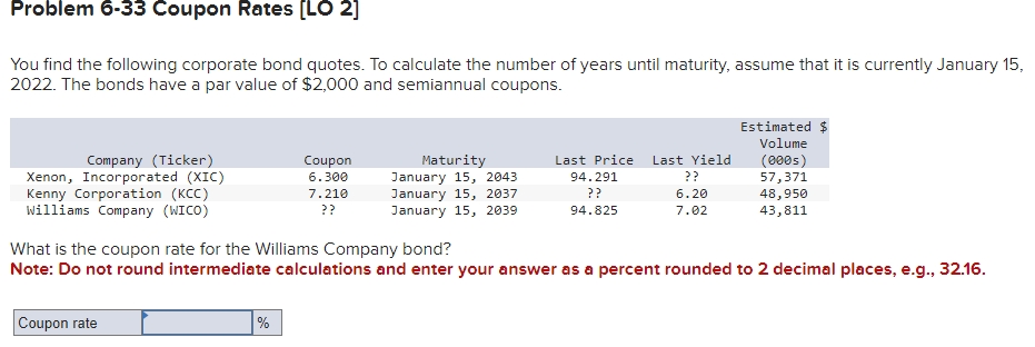  Problem 6-33 Coupon Rates [LO 2] You find the following corporate