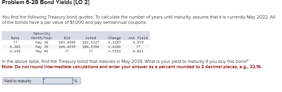  Problem 6-28 Bond Yields [LO 2] You find the following Treasury