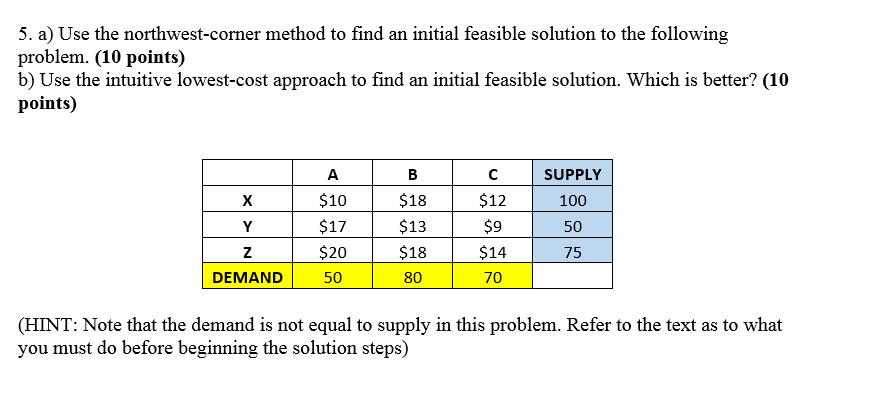 Please show work! 5. a) Use the northwest-corner method to find