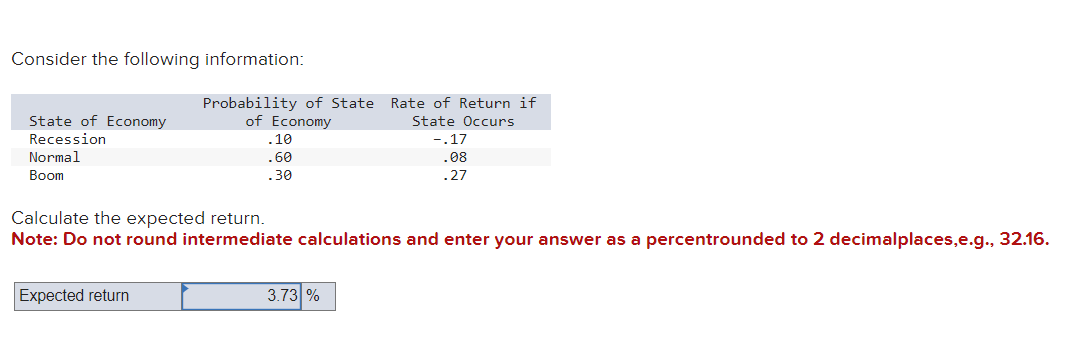  Consider the following information: Calculate the expected return. Note: Do not
