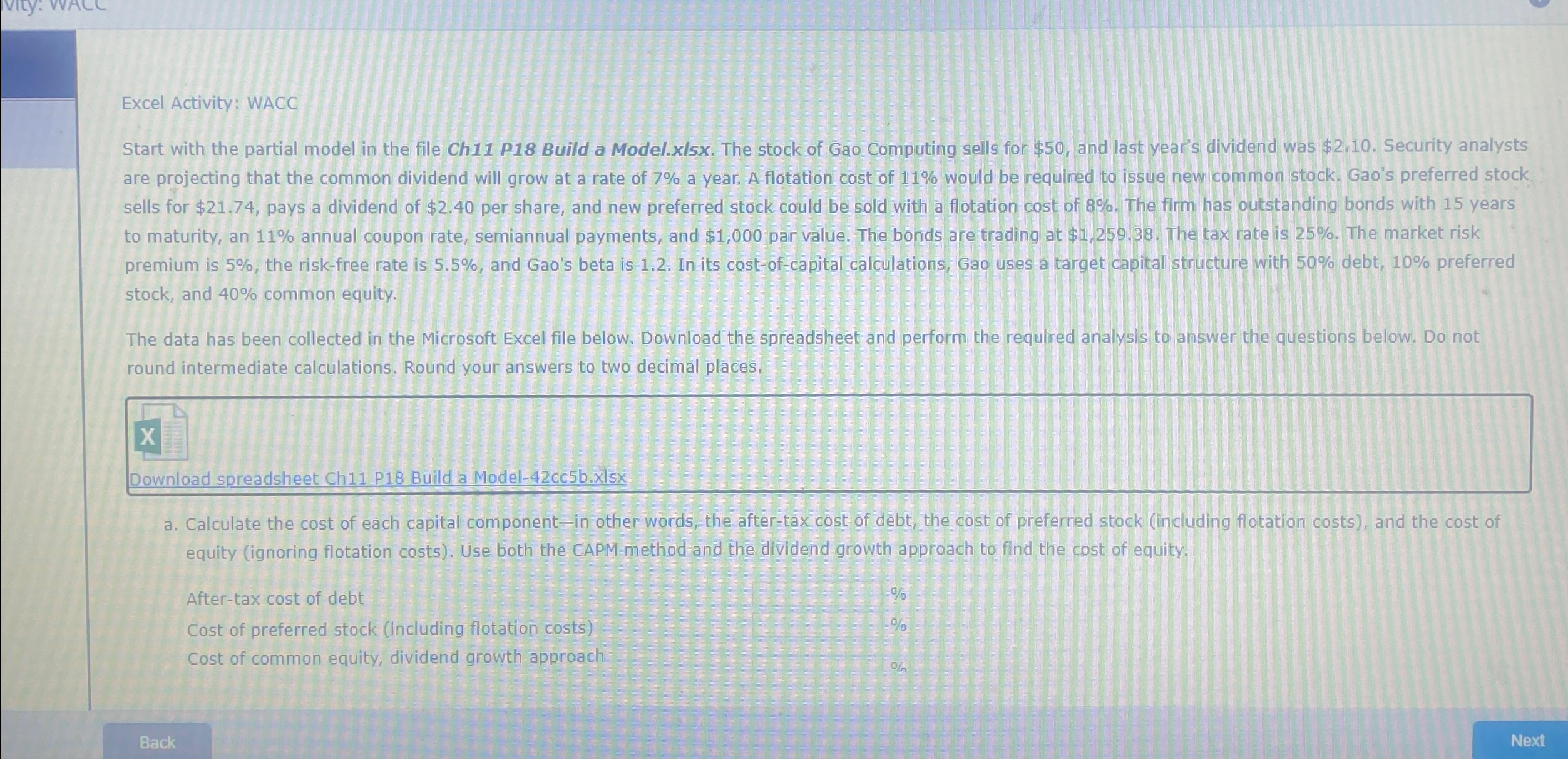  Excel Activity: WACC Start with the partial model in the file