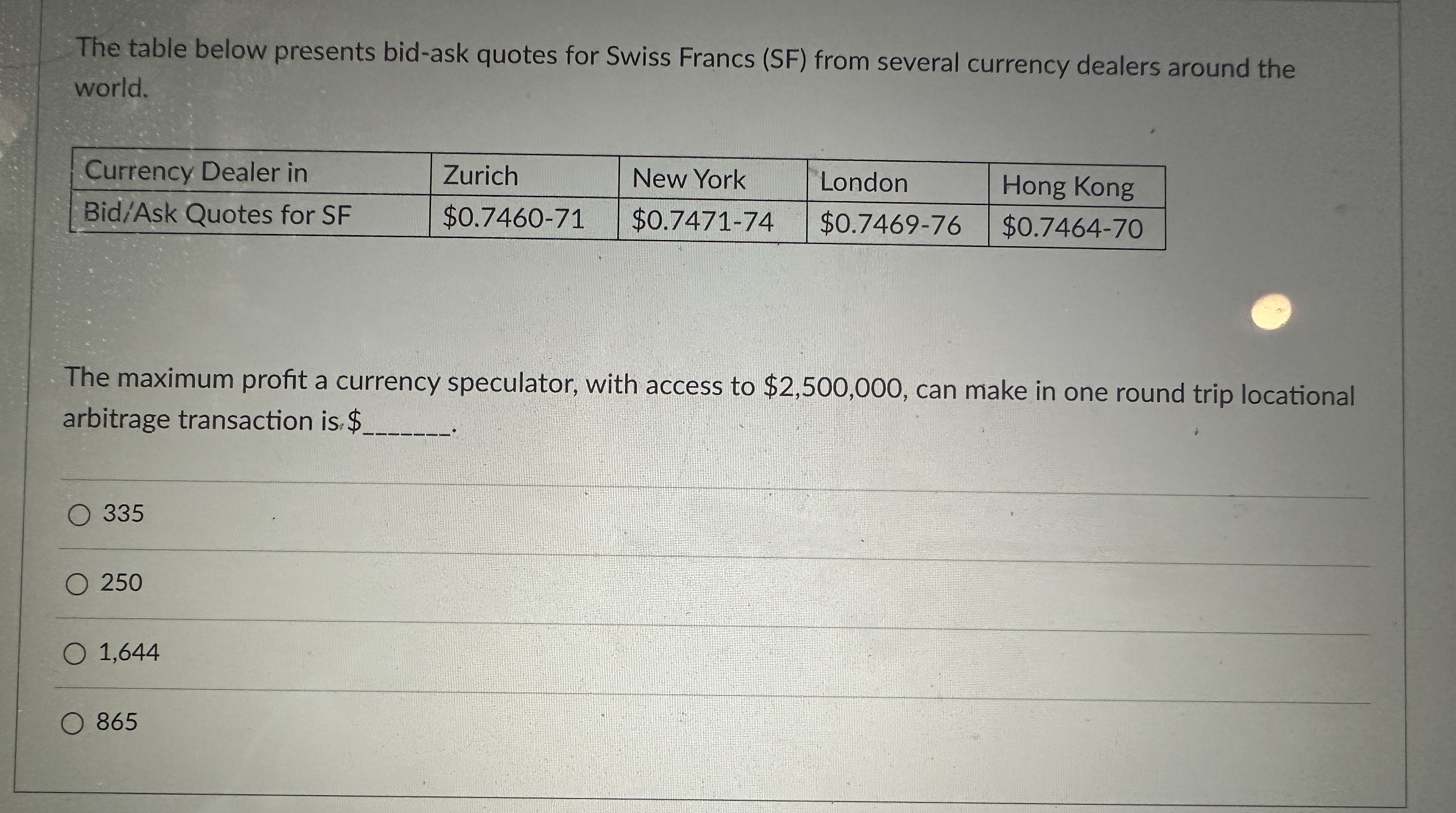 The table below presents bid-ask quotes for Swiss Francs (SF) from