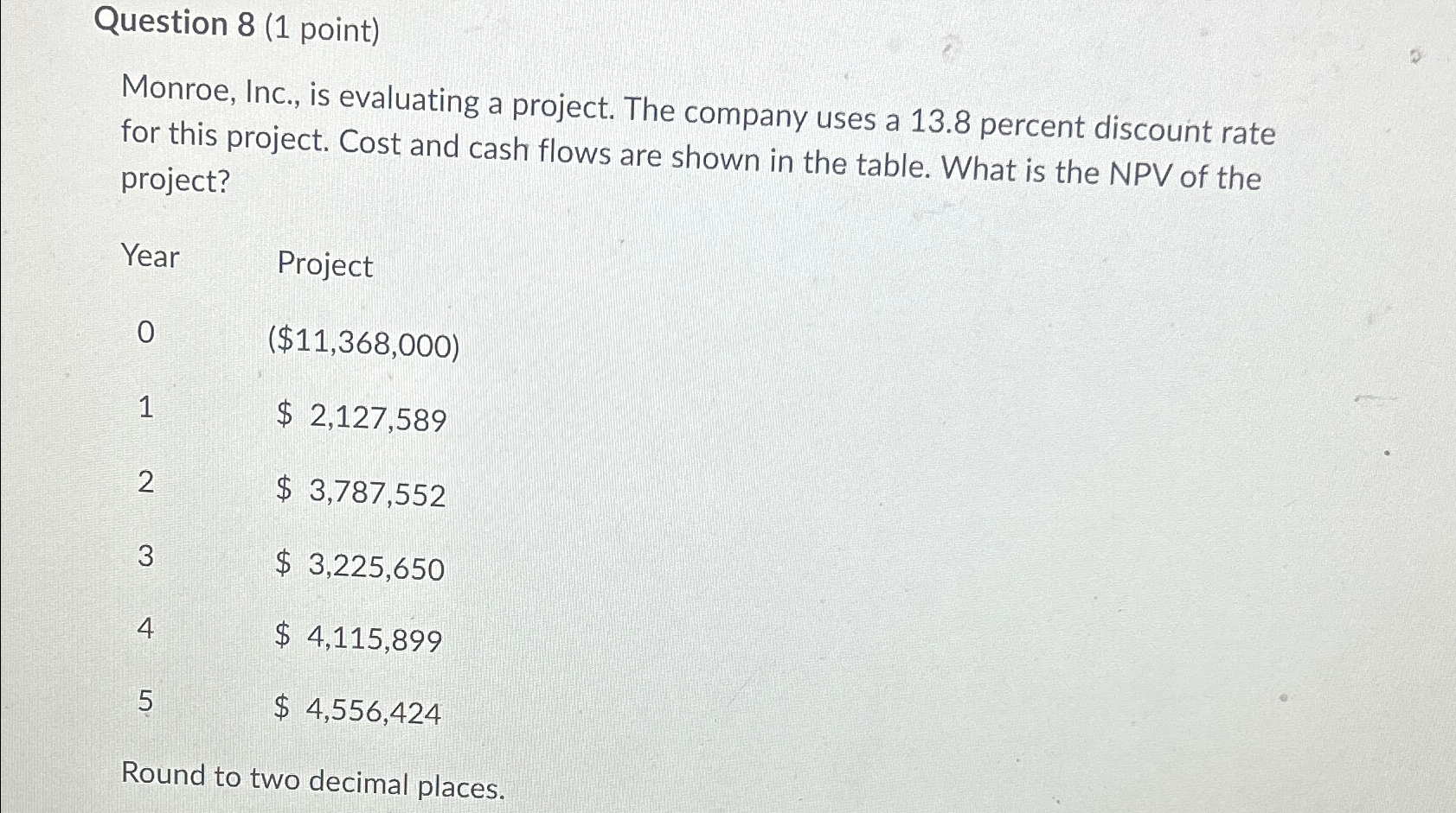  Question 8(1 point) Monroe, Inc., is evaluating a project. The company