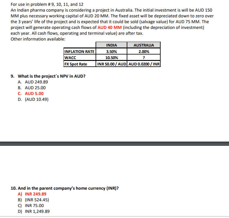 PLEASE ONLY ANSWER NUMBER 10 For use in problem #9,10,11, and 12