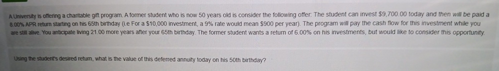  A University is offering a charitable gift program. A former student