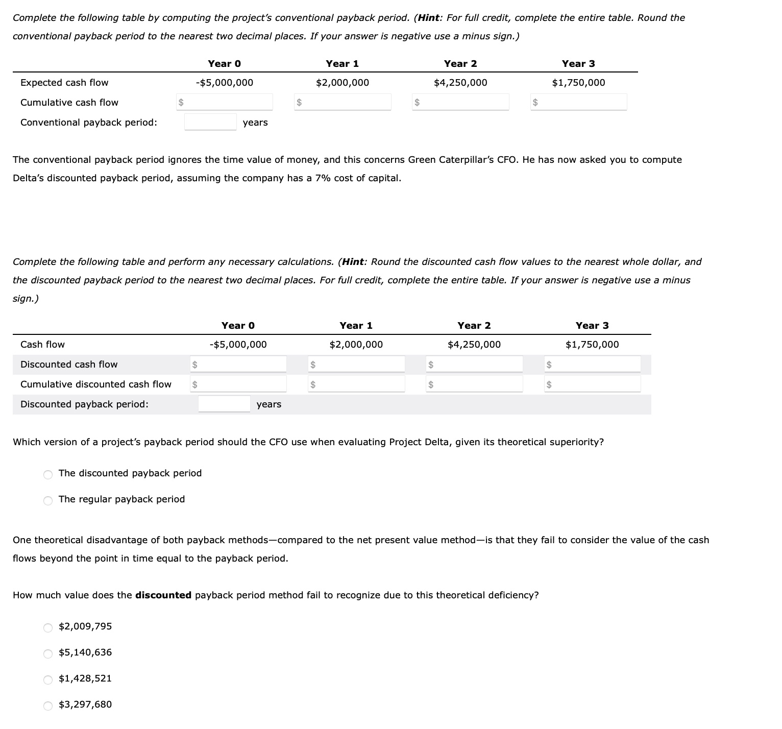  Complete the following table by computing the project's conventional payback period.